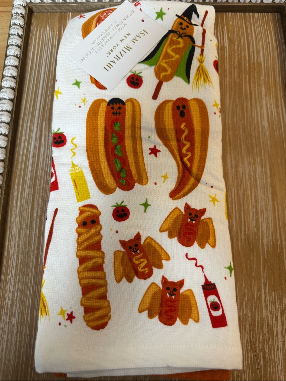 Isaac Mizrahi White Halloween Hot Dog & Bat Print Kitchen Towel VIRAL